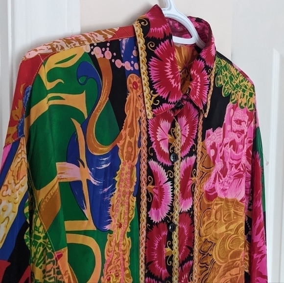 Vintage silk blend bright abstract floral print silk shirt Carmen back Large T3 - Picture 6 of 8